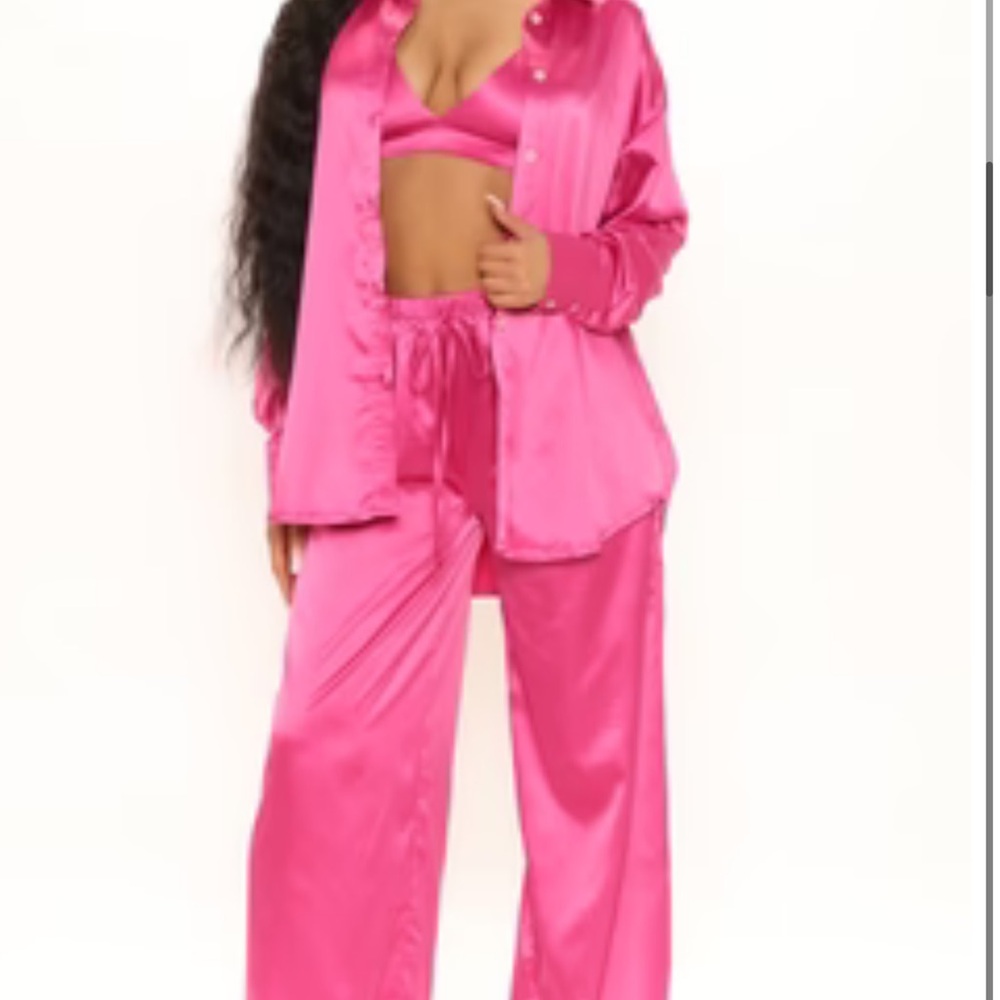 Fashion Nova Hot Pink Satin Sleep Set with Camisole & Button-Up